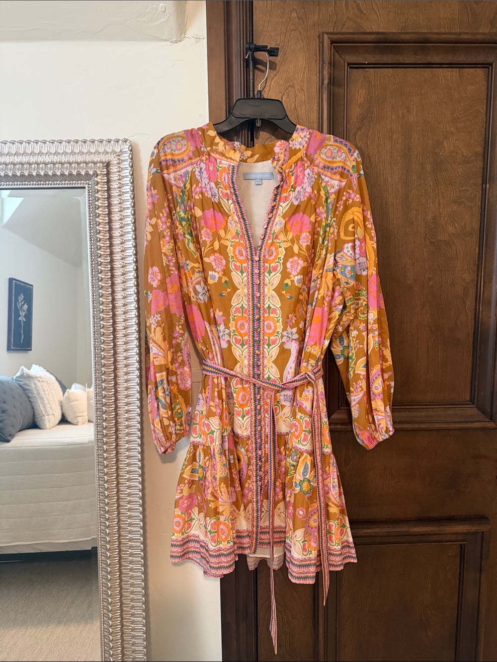 ANTONIO MELANI Mustard Pink Paisley Tie-Waist Mini Dress